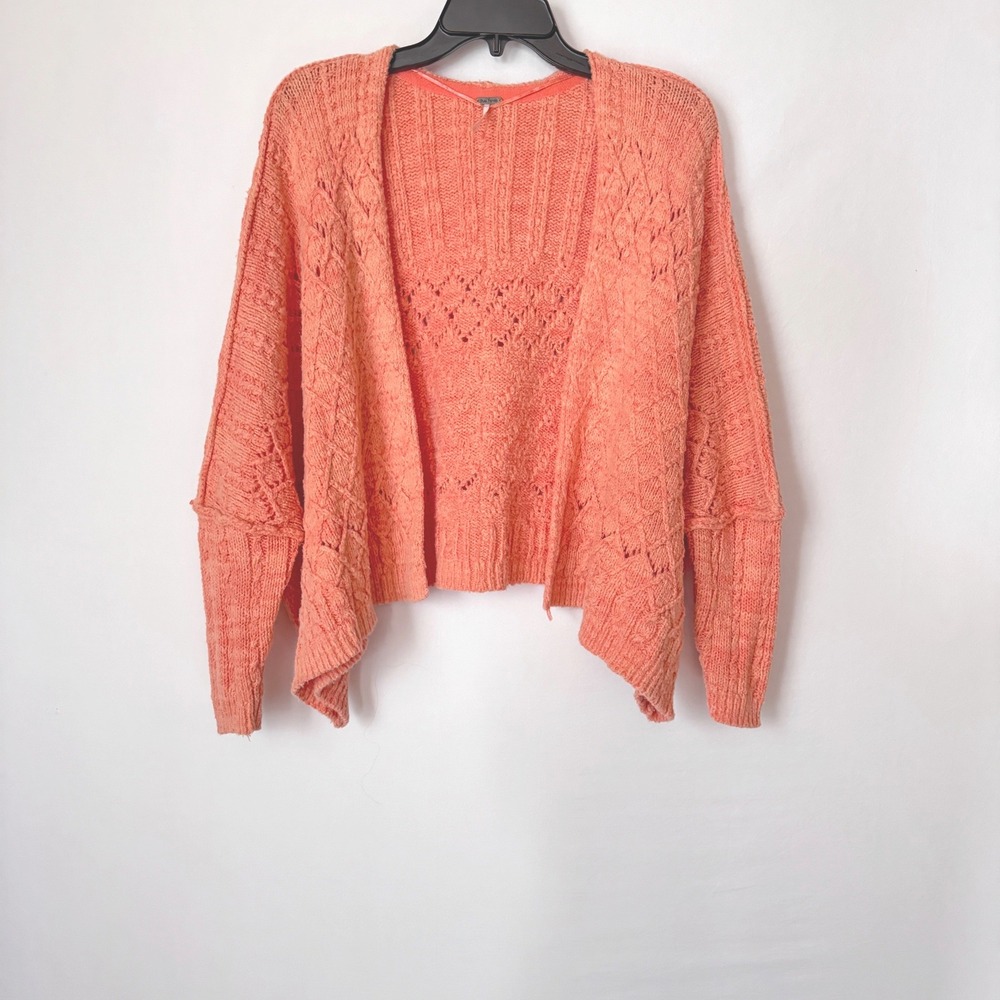 Free People Pointelle Open Front Cardigan Women Small Coral Boho Knit